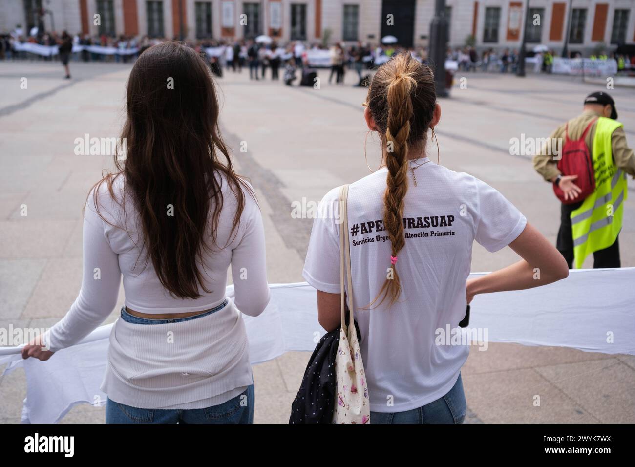 Madrid, Spain. 07th Apr, 2024. Several people during the rally demanding a 100% public and quality European healthcare system, at Puerta del Sol, on April 7, 2024, in Madrid, Spain. (Photo by Oscar Gonzalez/Sipa USA) Credit: Sipa USA/Alamy Live News Stock Photo