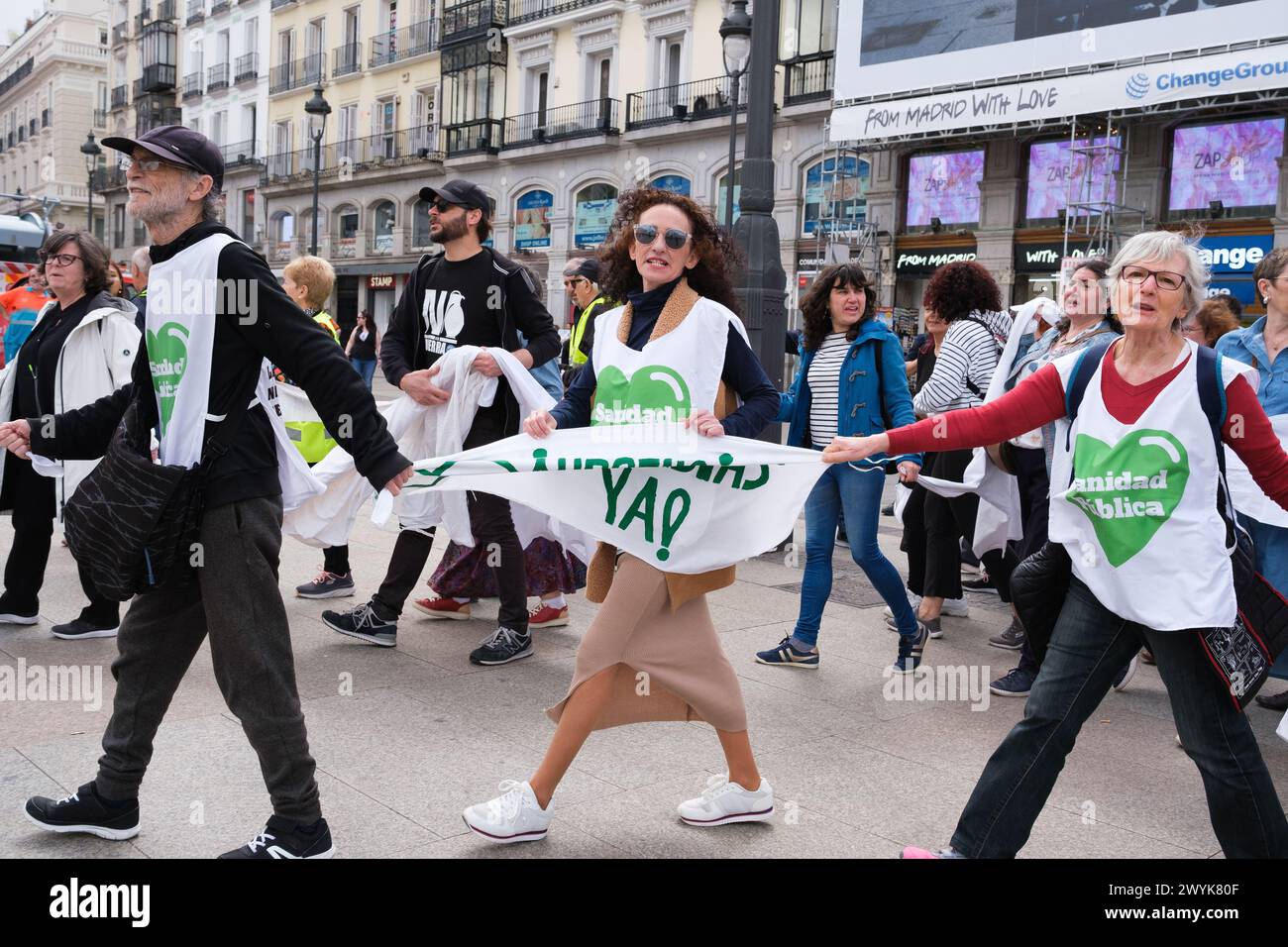 Madrid, Spain. 07th Apr, 2024. Several people during the rally demanding a 100% public and quality European healthcare system, at Puerta del Sol, on April 7, 2024, in Madrid, Spain. (Photo by Oscar Gonzalez/Sipa USA) Credit: Sipa USA/Alamy Live News Stock Photo