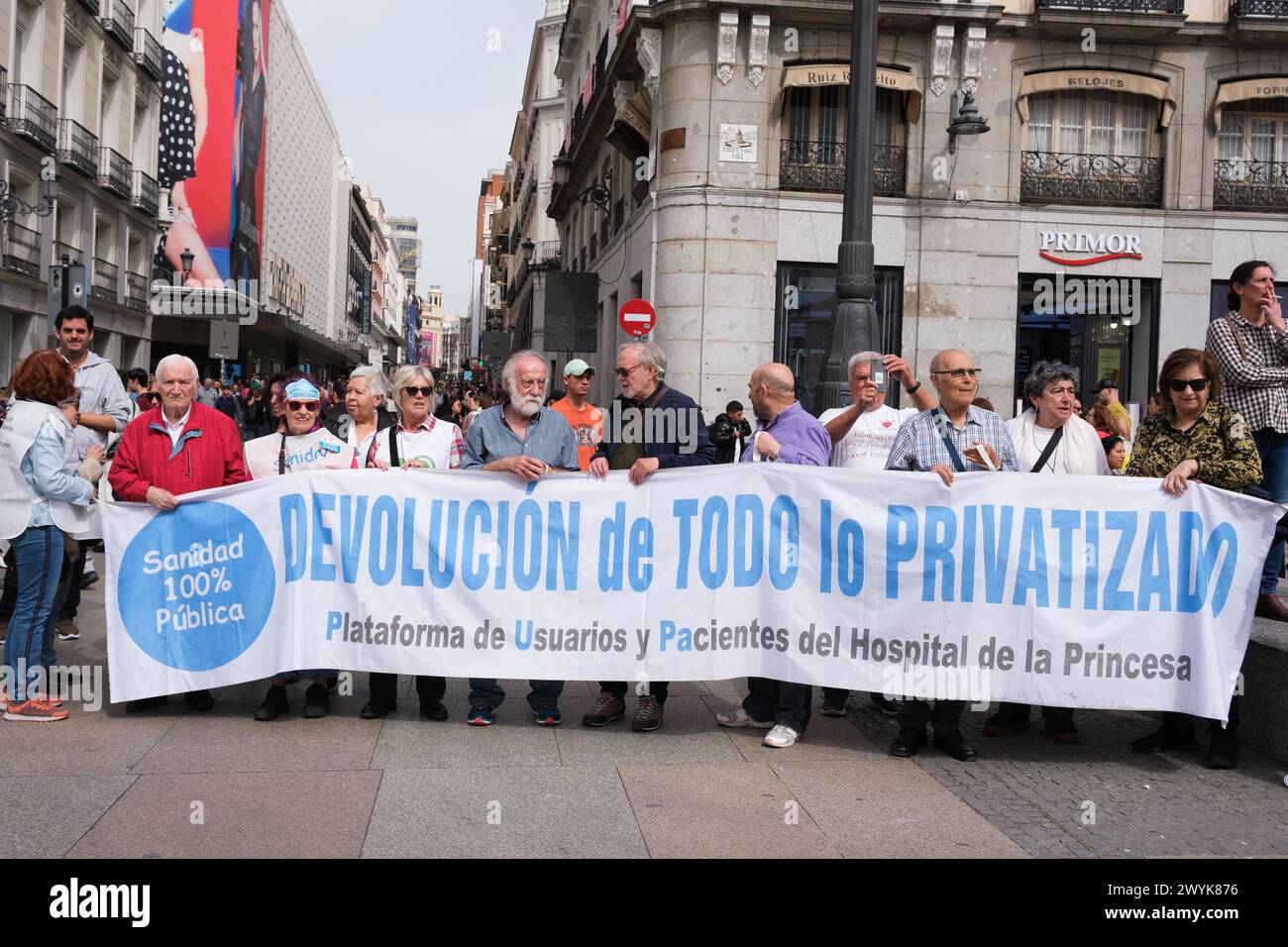 Madrid, Spain. 07th Apr, 2024. Several people during the rally demanding a 100% public and quality European healthcare system, at Puerta del Sol, on April 7, 2024, in Madrid, Spain. (Photo by Oscar Gonzalez/Sipa USA) Credit: Sipa USA/Alamy Live News Stock Photo