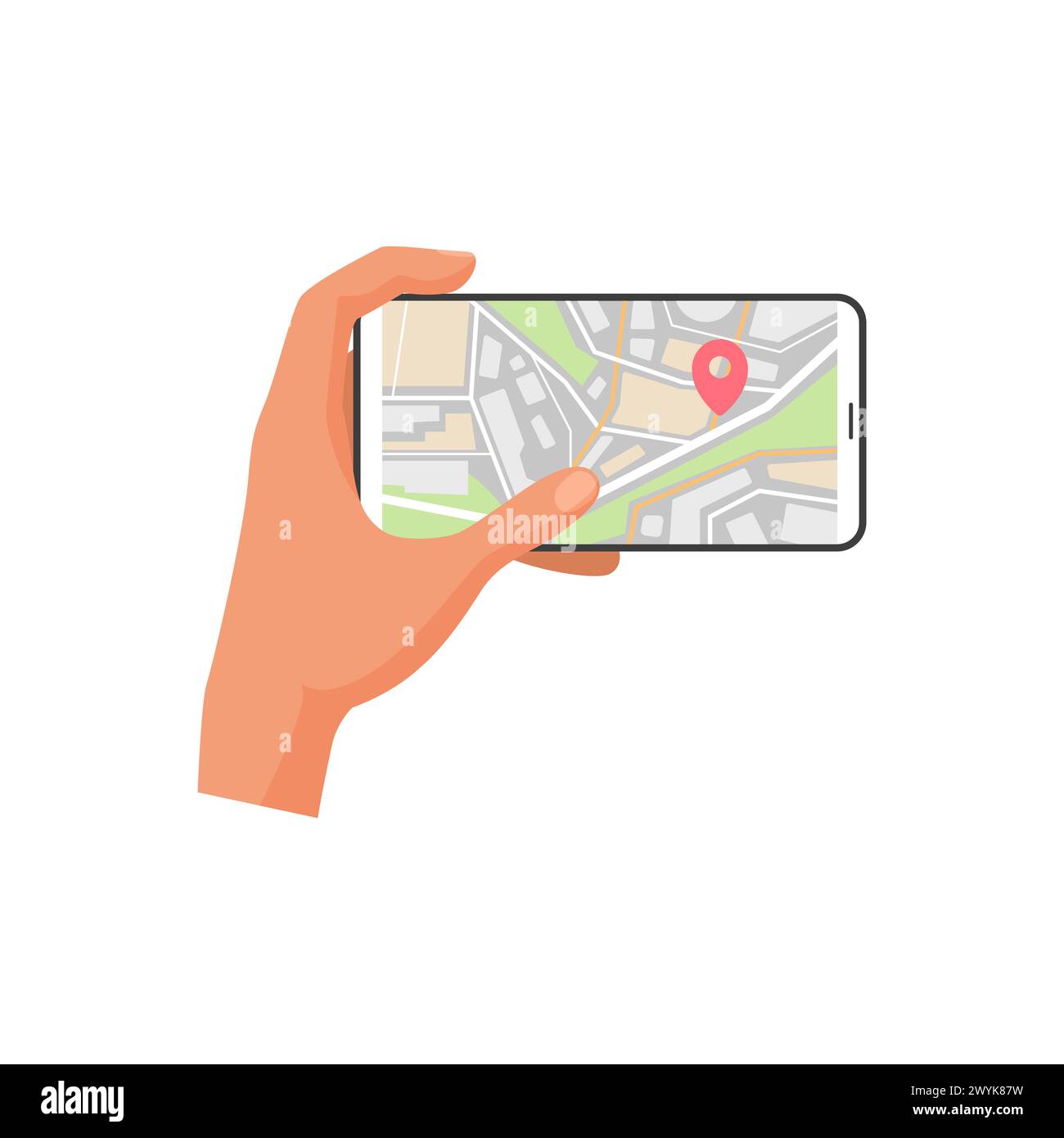 Hand holding mobile phone with with location pin on city map, person using navigation app vector illustration Stock Vector