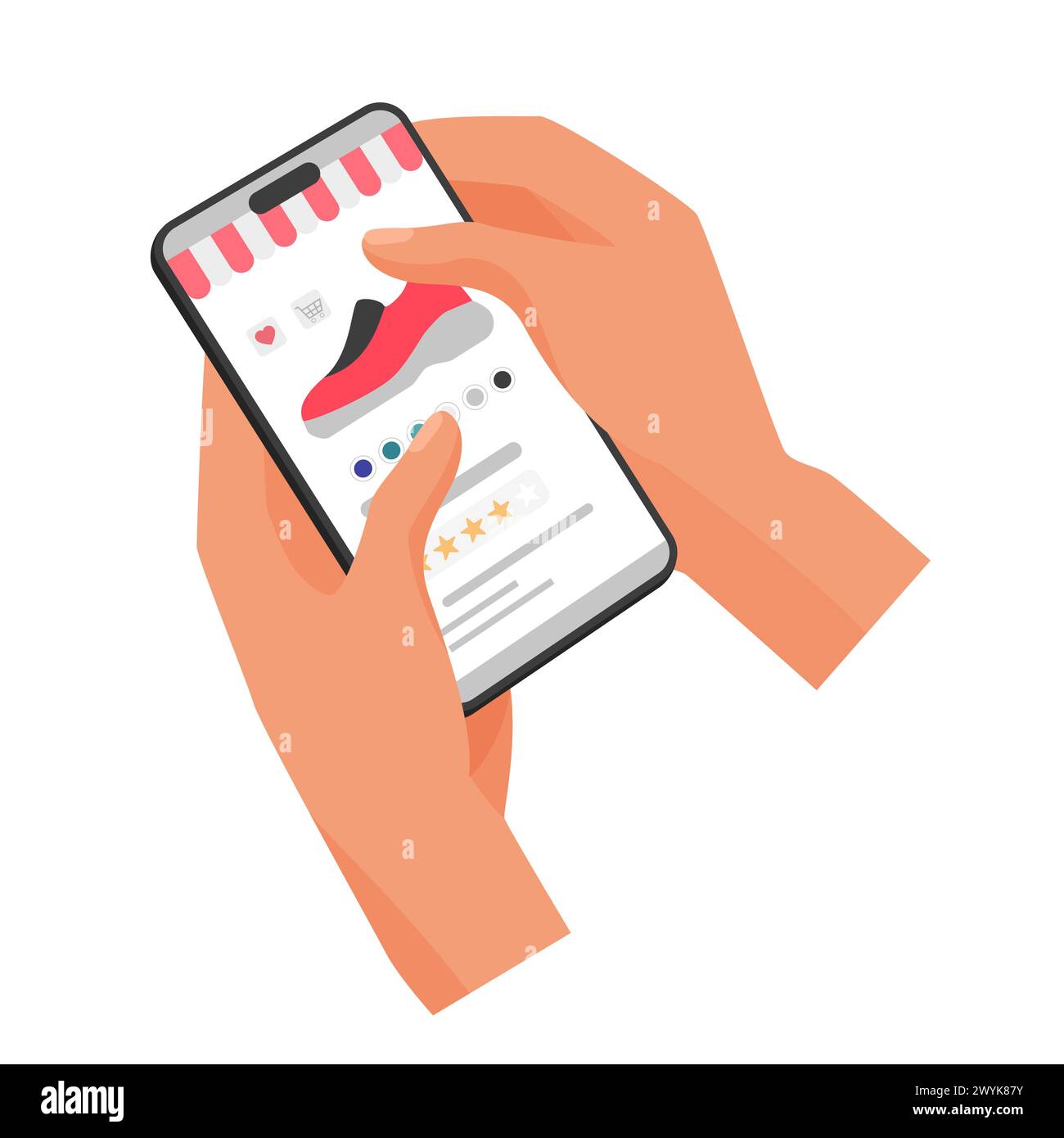 Hands holding mobile phone to rate quality of shoes with stars vector illustration Stock Vector