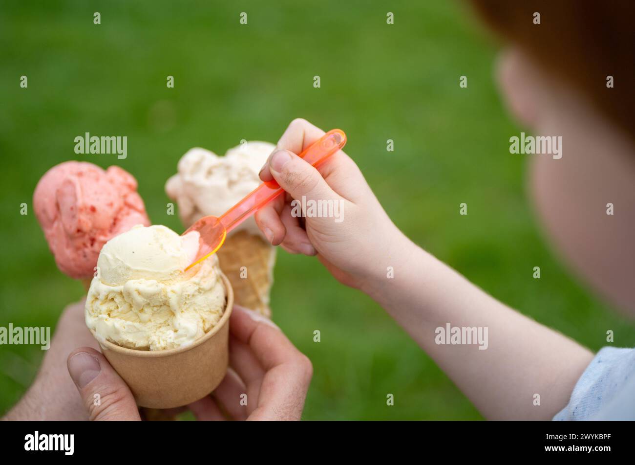 Werder, Germany. 07th Apr, 2024. A toddler eats ice cream in summer
