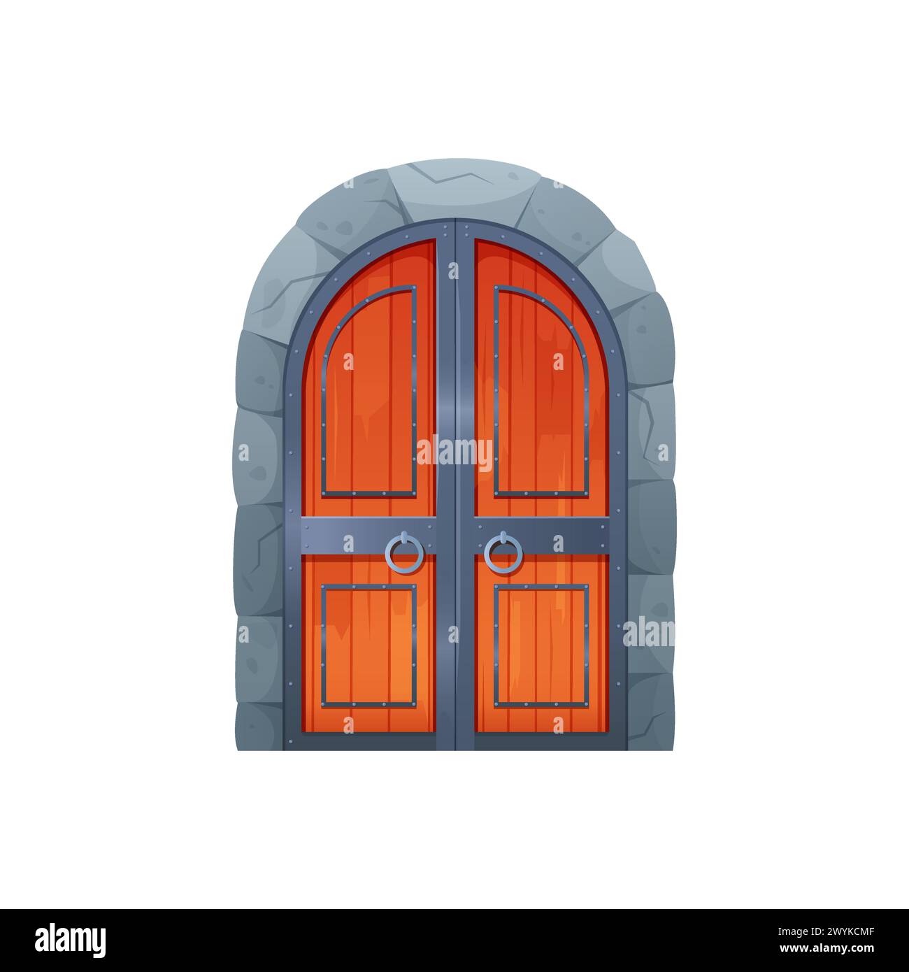 Closed gate to the castle. Medieval wooden gate, old city entrance cartoon vector illustration Stock Vector