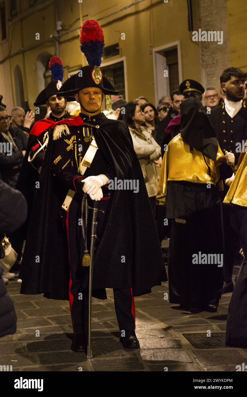 Chieti, Italy - 29 March 2024: Carabinieri in full uniform during the famous Good Friday procession in Chieti (Italy) Stock Photo