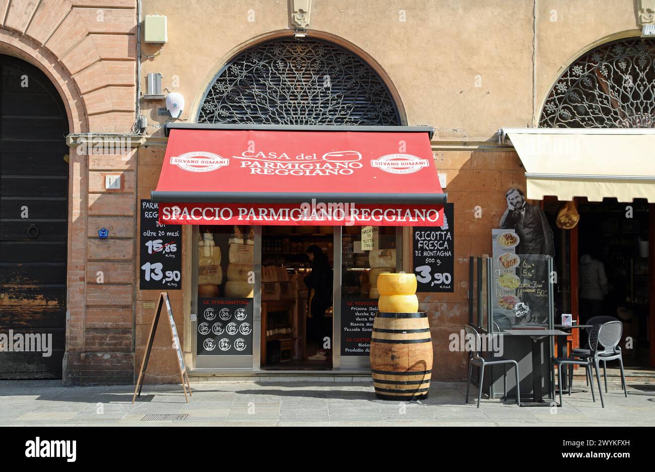 Cheese shop on Giuseppe Garibaldi Street in the Italian city of Parma Stock Photo