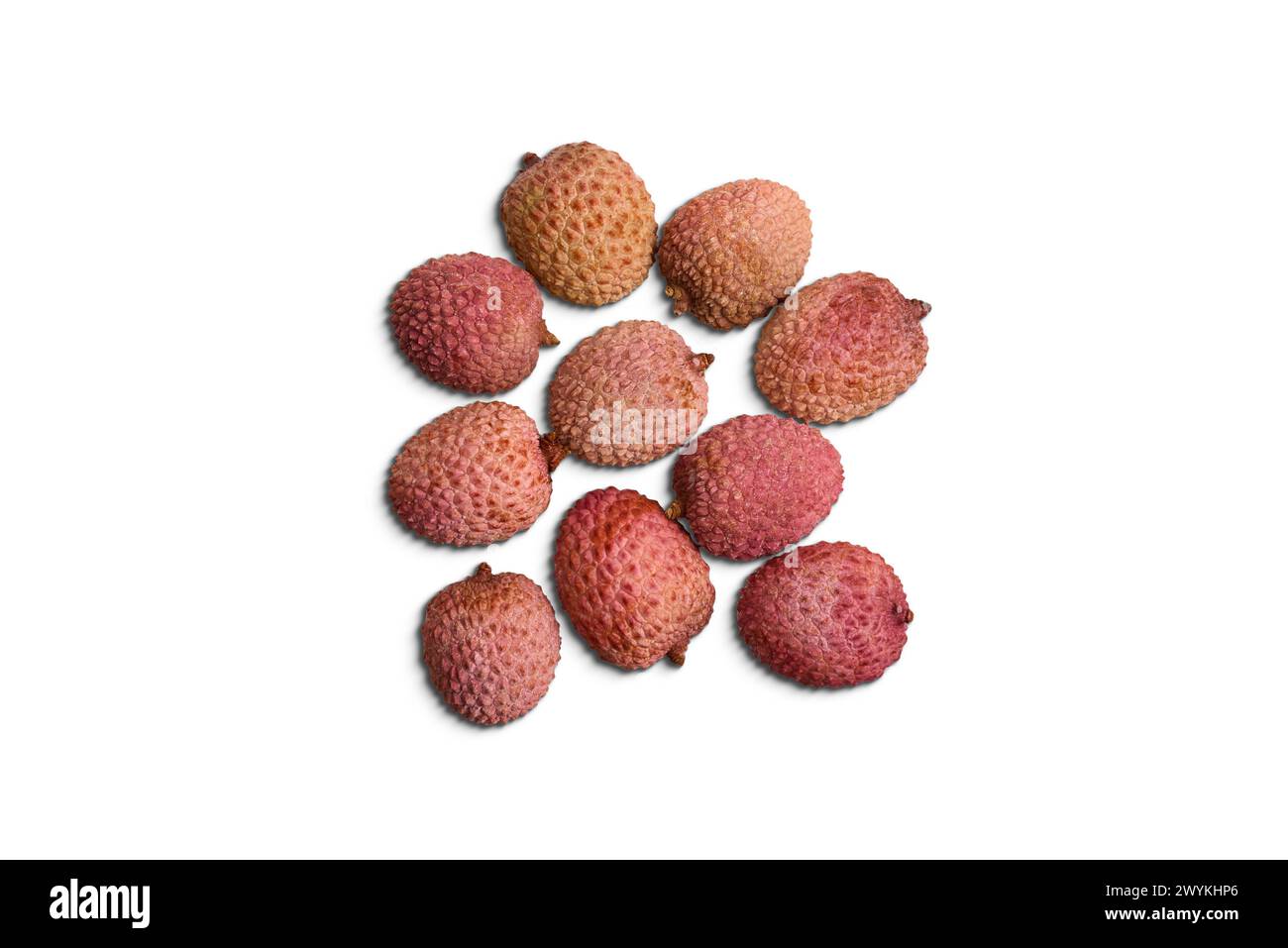 Group of lychee fruits top view on white isolated background. Stock Photo