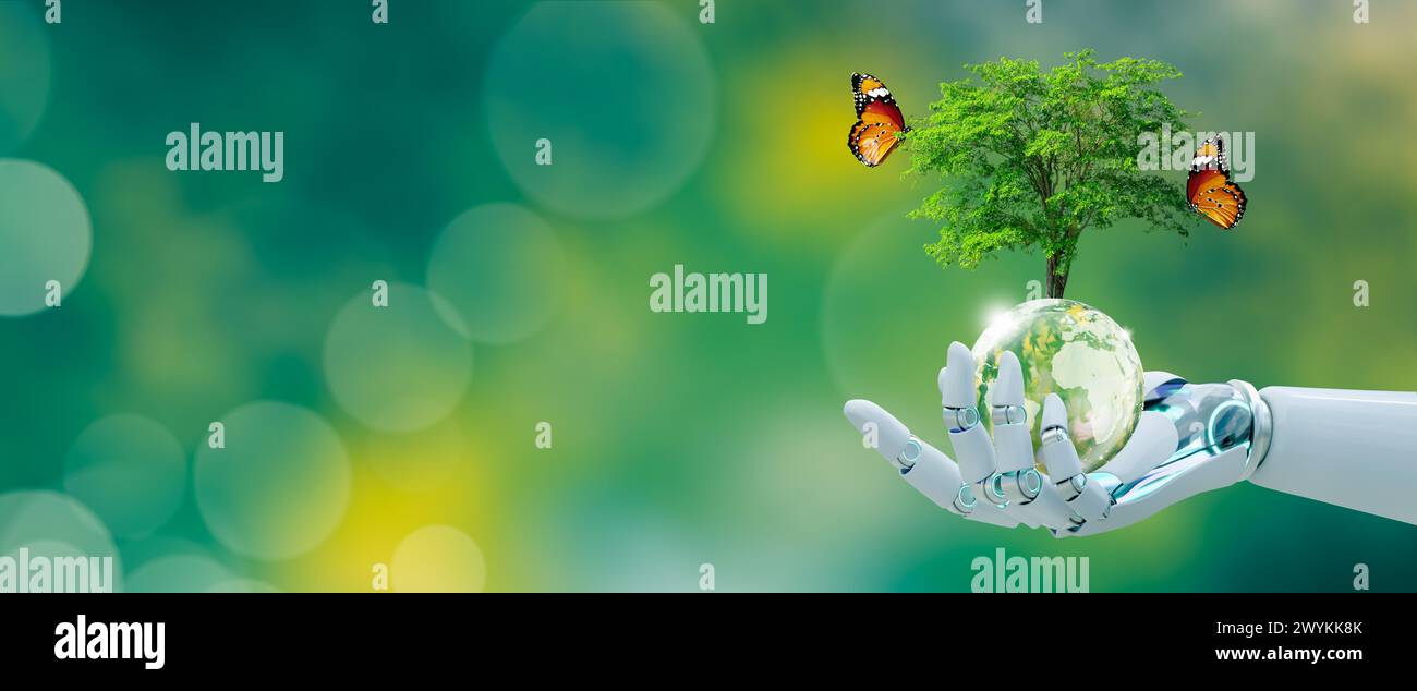 Growing tree on Globe crystal glass ball in Robot hand. Green background with bokeh. World mental health and World earth day. Artificial Intelligence Stock Photo