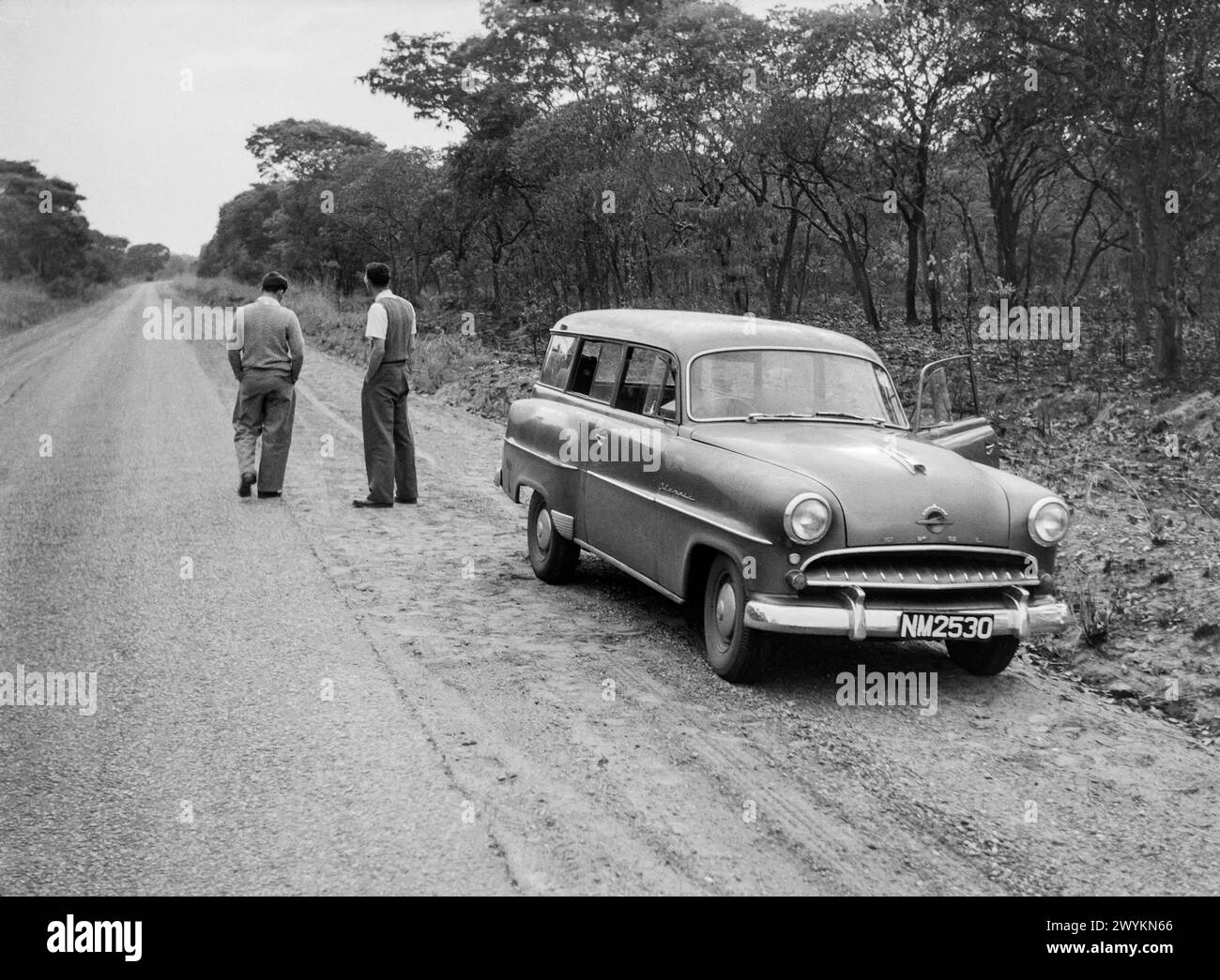 Opel Olympia Rekord CarAvan (1953-57) c1956 on a road in Africa, either Rhodesia (Zimbabwe) or Nothern Rhodesia (Zambia) Stock Photo