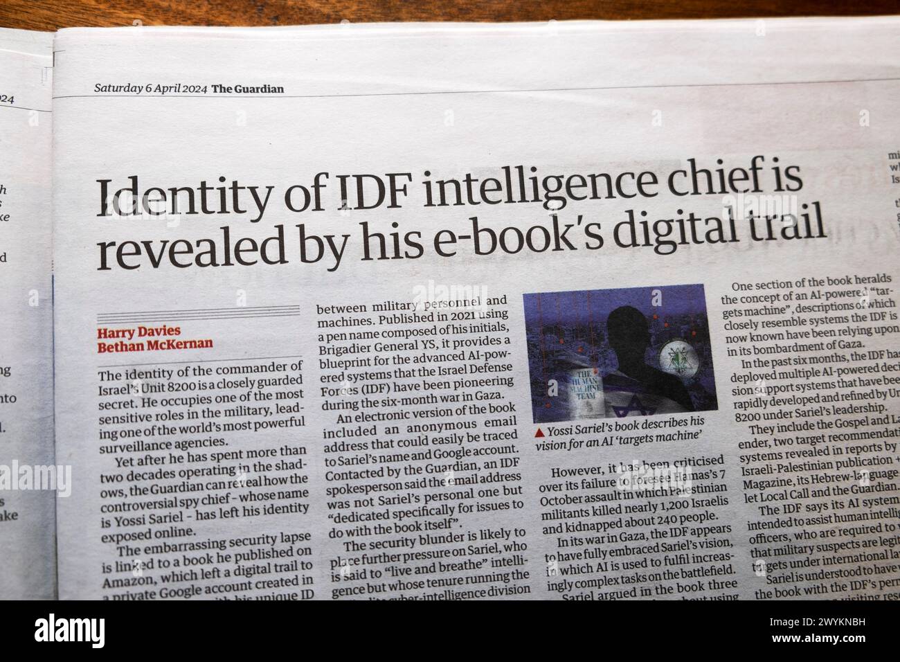 'Identity of IDF intelligence chief is revealed by his e-book's digital trail' Guardian newspaper headline Unit 8200 Israel article 6 April 2024 UK Stock Photo