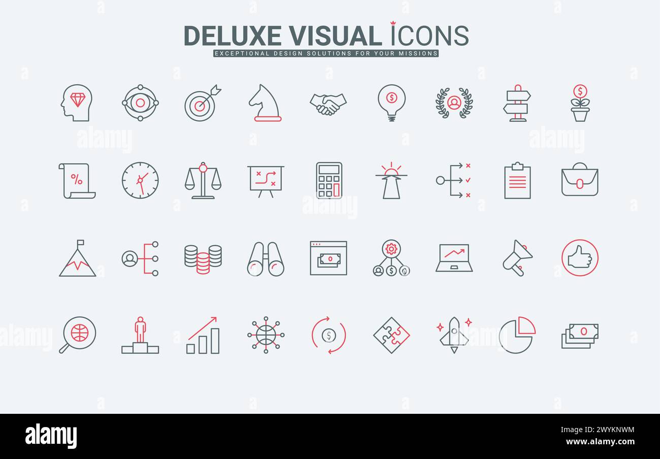 Business mission, vision and strategy thin black and red line icons set ...