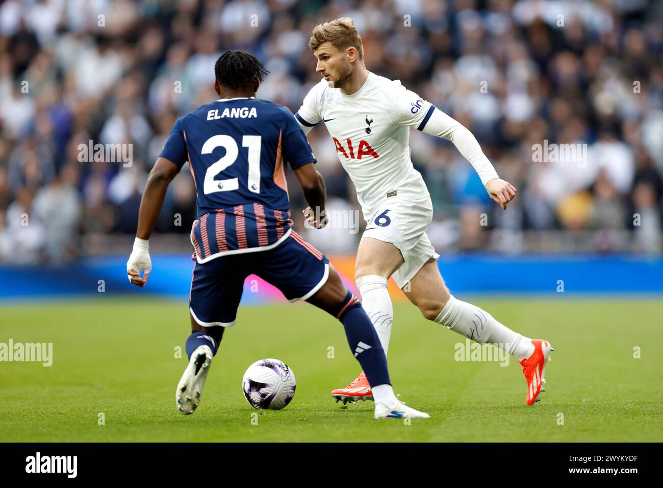 Tottenham Hotspur's Timo Werner (right) and Nottingham Forest's Anthony Elanga battle for the ball during the Premier League match at the Tottenham Hotspur Stadium, London. Picture date: Sunday April 7, 2024. Stock Photo