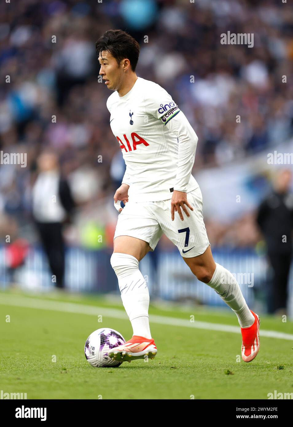 Tottenham Hotspur's Son Heung-Min in action during the Premier League match at the Tottenham Hotspur Stadium, London. Picture date: Sunday April 7, 2024. Stock Photo