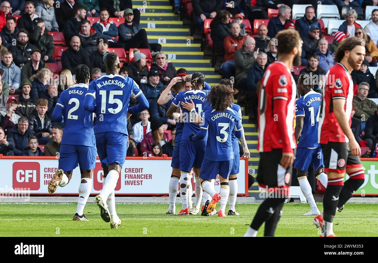 Bramall Lane, Sheffield, UK. 7th Apr, 2024. Premier League Football, Sheffield United versus Chelsea; Chelsea's Thiago Silva celebrates with Conor Gallagher and Noni Madueke after he scores the opening goal to make the score 0-1 in the 11th minute Credit: Action Plus Sports/Alamy Live News Stock Photo