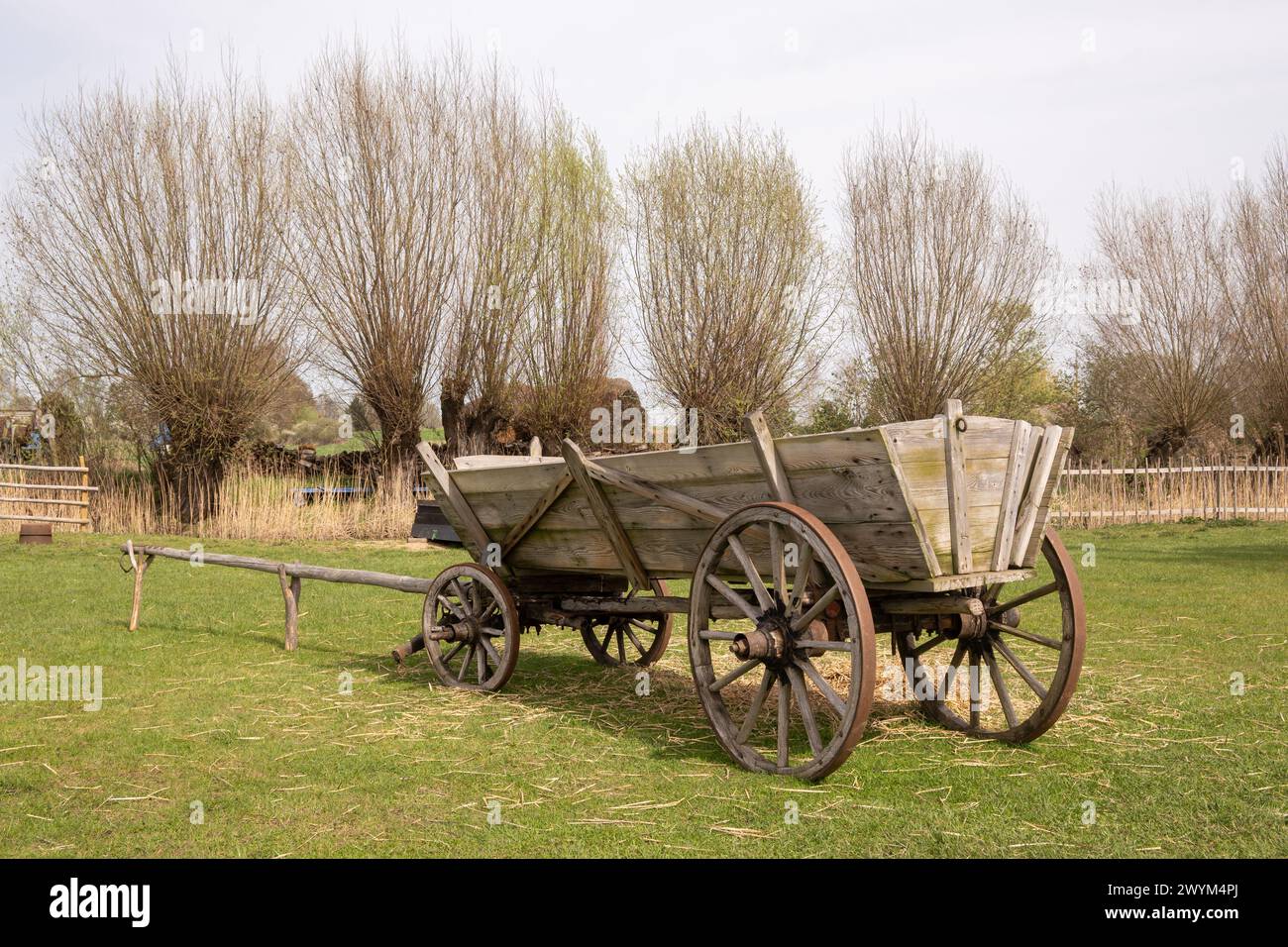 Old wooden cart in educational farm in Mokry Dwor village. Żuławy. Poland Stock Photo