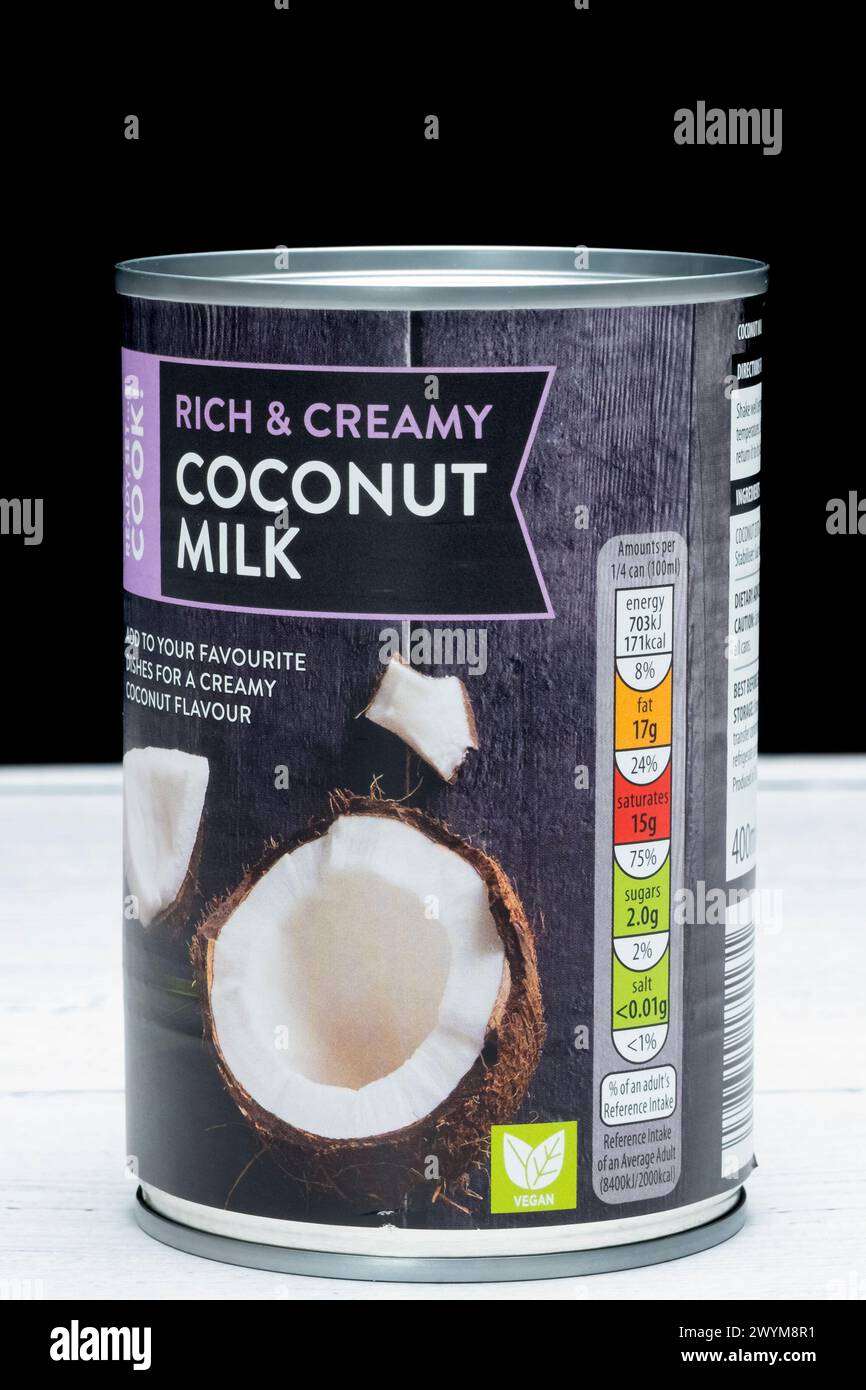 Irvine, Scotland, UK March 26, 2024 ALDI branded rich and creamy coconut milk in a tin can