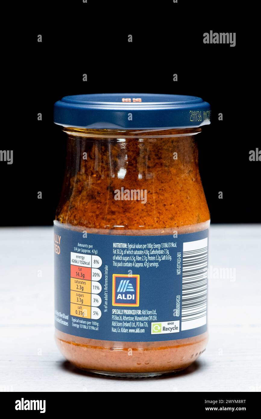 Irvine, Scotland, UK March 26, 2024 Jar of Aldi branded Pesto Rosso