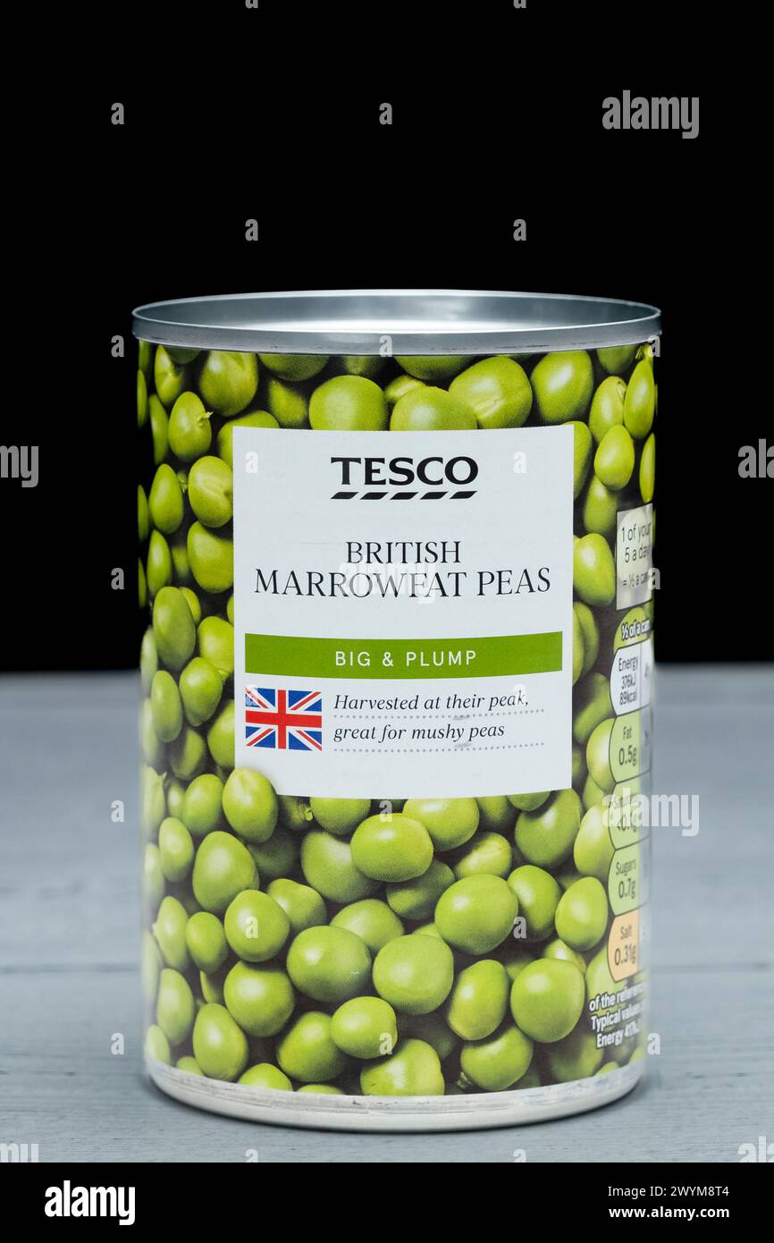 Irvine, Scotland, UK - March 26, 2024: Tesco branded Marrowfat peas in a recyclable tin displaying the brand Tesco graphics icons and general informat Stock Photo