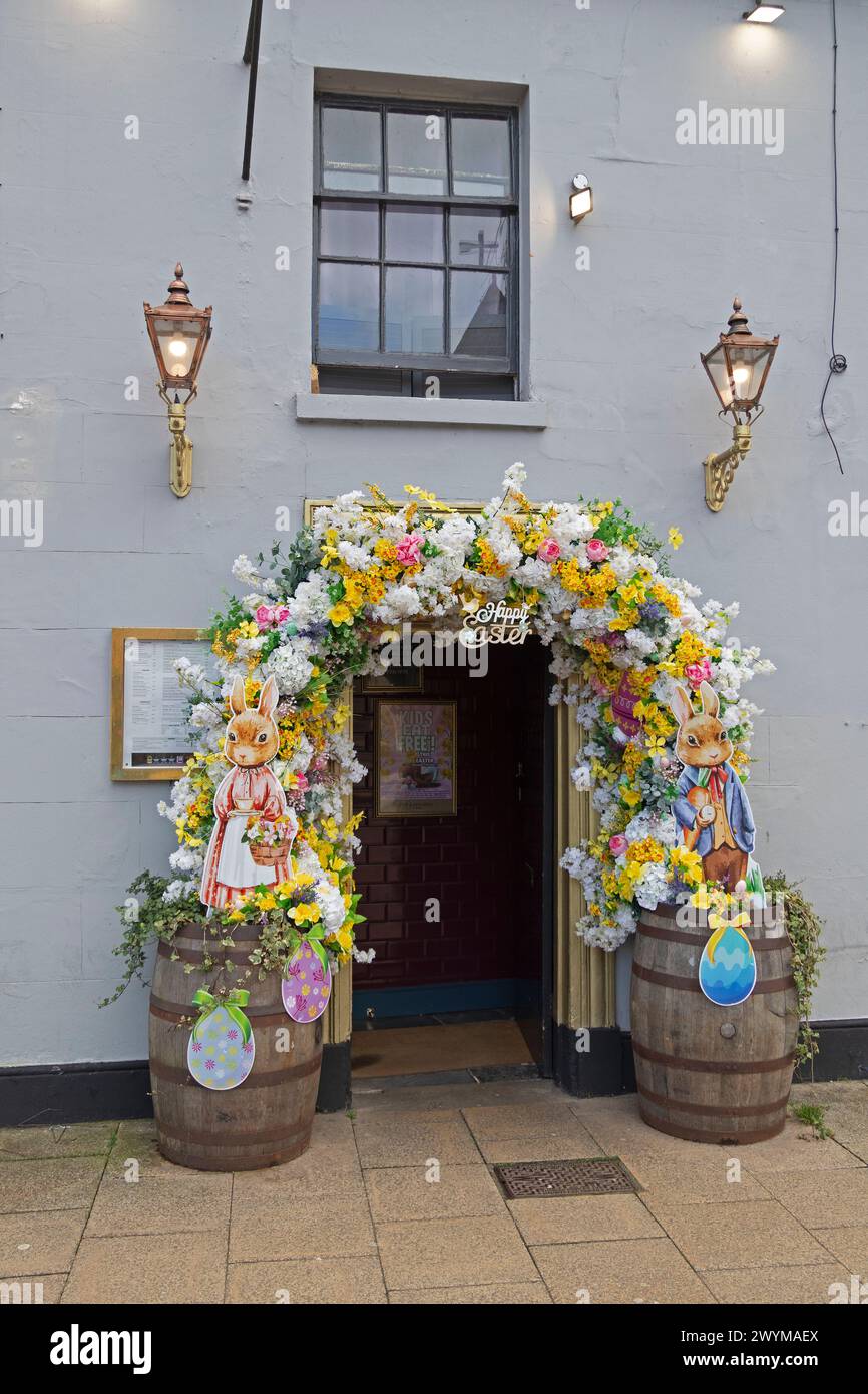 Entrance of a restaurant decorated for Easter, Stratford upon Avon, England, Great Britain Stock Photo