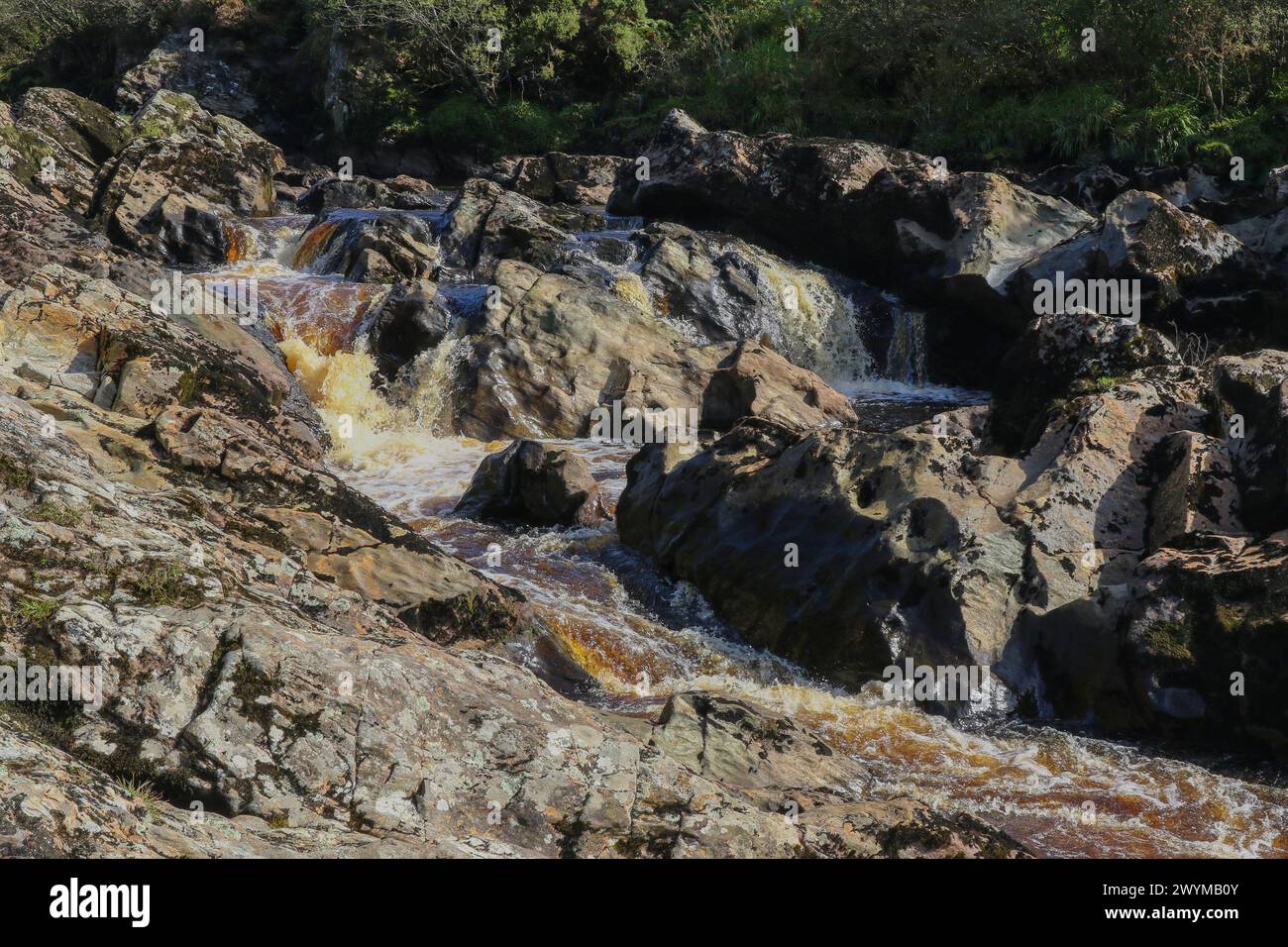 Rocks gullies Irish spate river Donegal, Glen River near Teelin south-west Donegal. Stock Photo