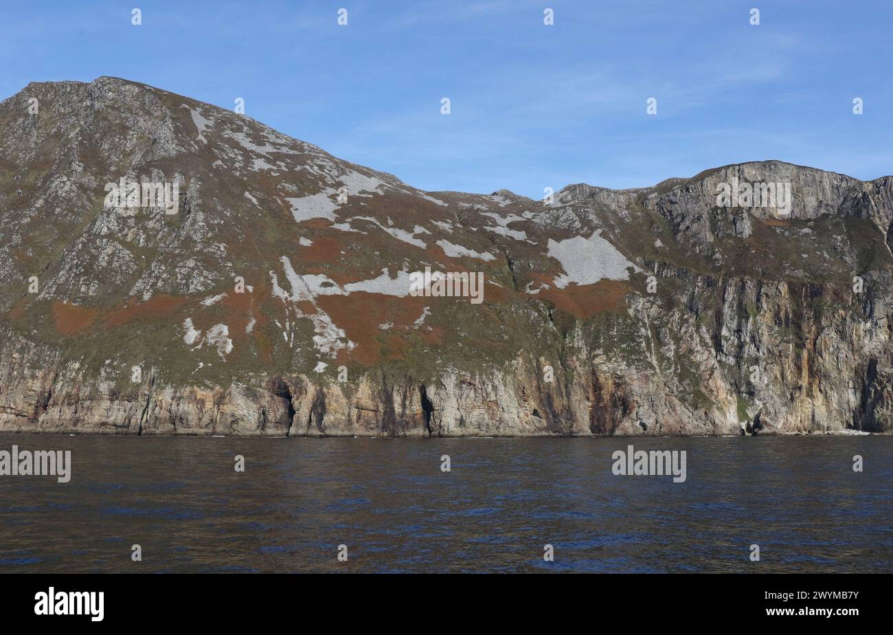 From sea Slieve League cliffs County Donegal clear autumn day blue sky. Stock Photo