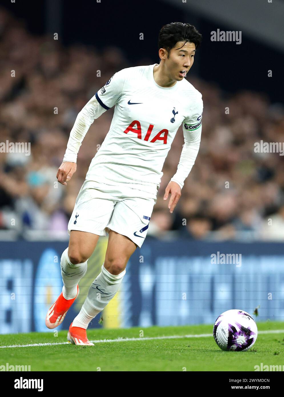 Tottenham Hotspur's Son Heung-Min in action during the Premier League match at the Tottenham Hotspur Stadium, London. Picture date: Sunday April 7, 2024. Stock Photo