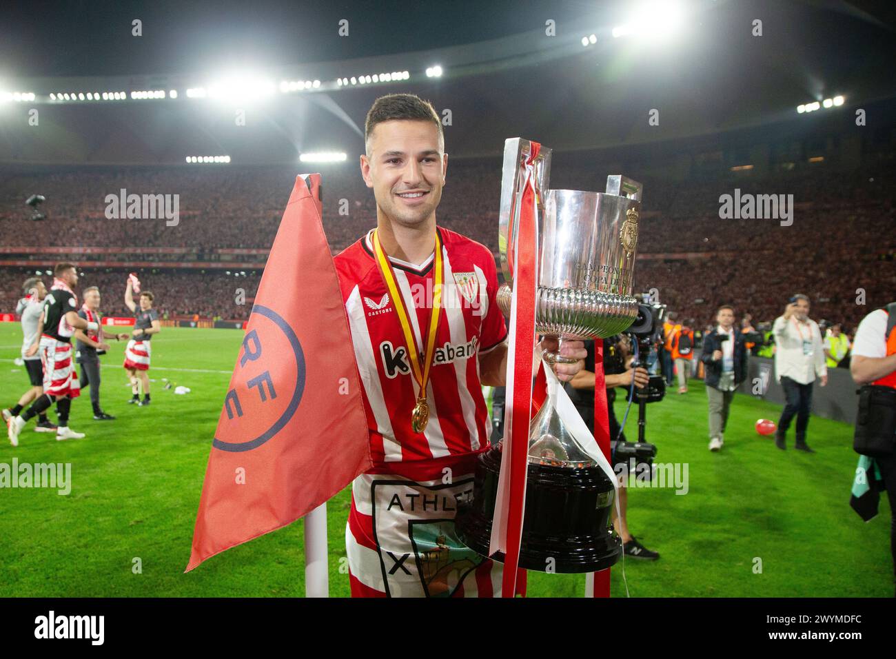 Gorka Guruzeta of Athletic Club celebrates with the trophy after winning the Spanish Cup, Copa del Rey, Final football match between Athletic Club and RCD Mallorca on April 6, 2024 at La Cartuja stadium in Sevilla, Spain Stock Photo