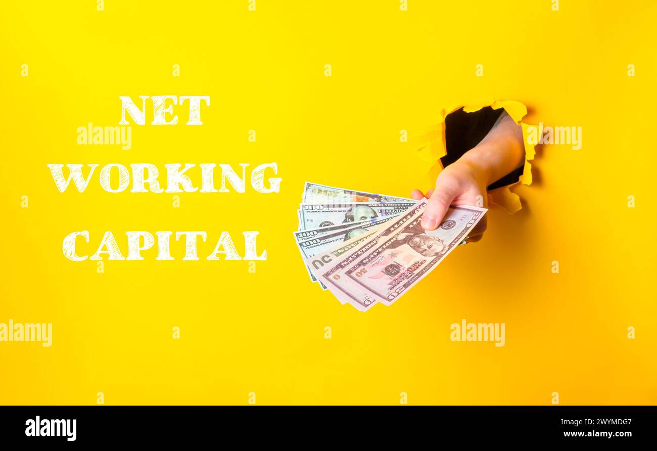 A hand holding a stack of money with the words Net Working Capital written below. The image has a yellow background and a black border Stock Photo