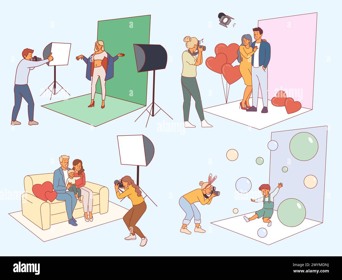 Professional photographers shooting people. Photo studio with equipment