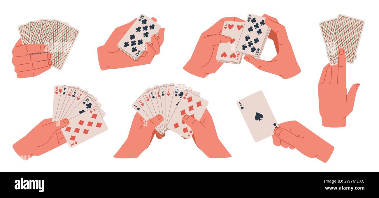 People hands playing cards. Poker game, risky gambling accessories, human arms hold card deck, shuffling and distribution, casino person, cartoon flat Stock Vector