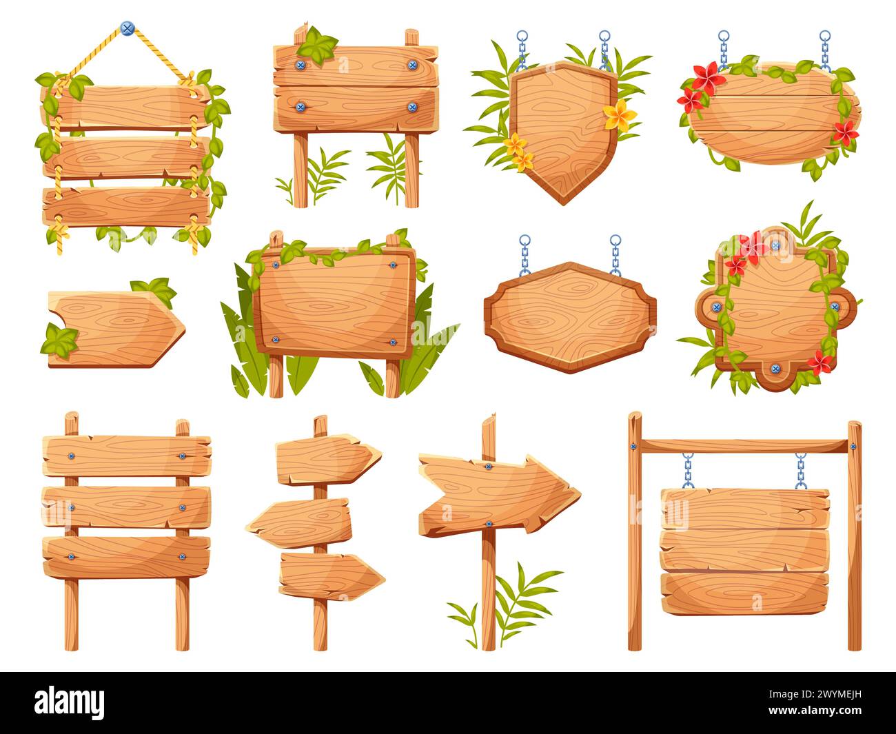 Cartoon tropical plants sign boards. Wooden empty banners, entwined with vines ui games elements, jungle flora frames and panels, hanging and standing Stock Vector