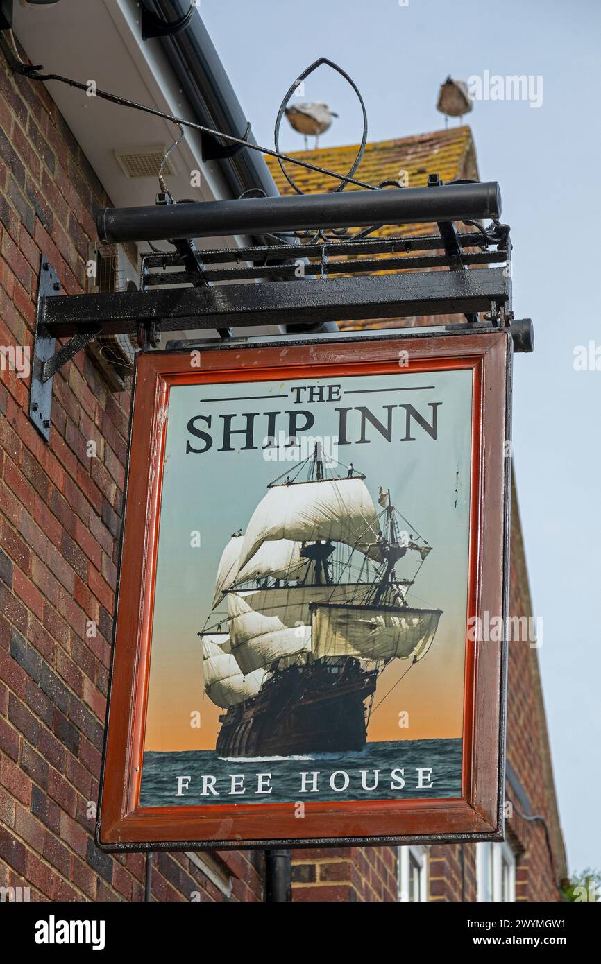 Pub sign The Ship Inn, street The Stade, Folkestone, Kent, England, Great Britain Stock Photo