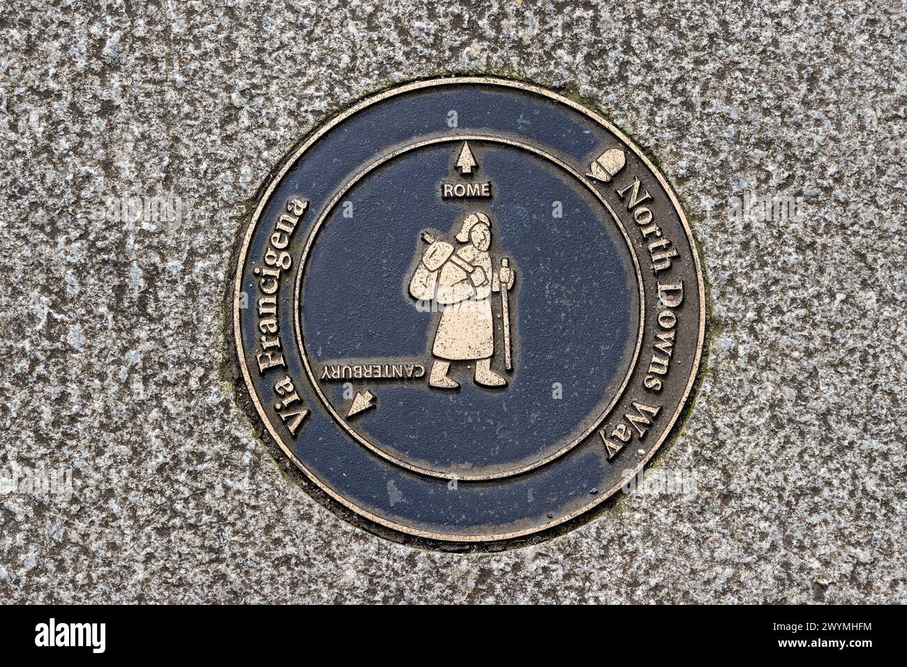 Badge in the pavement showing the way from Canterbury to Rome, North Downs Way, Dover, Kent, England, Great Britain Stock Photo