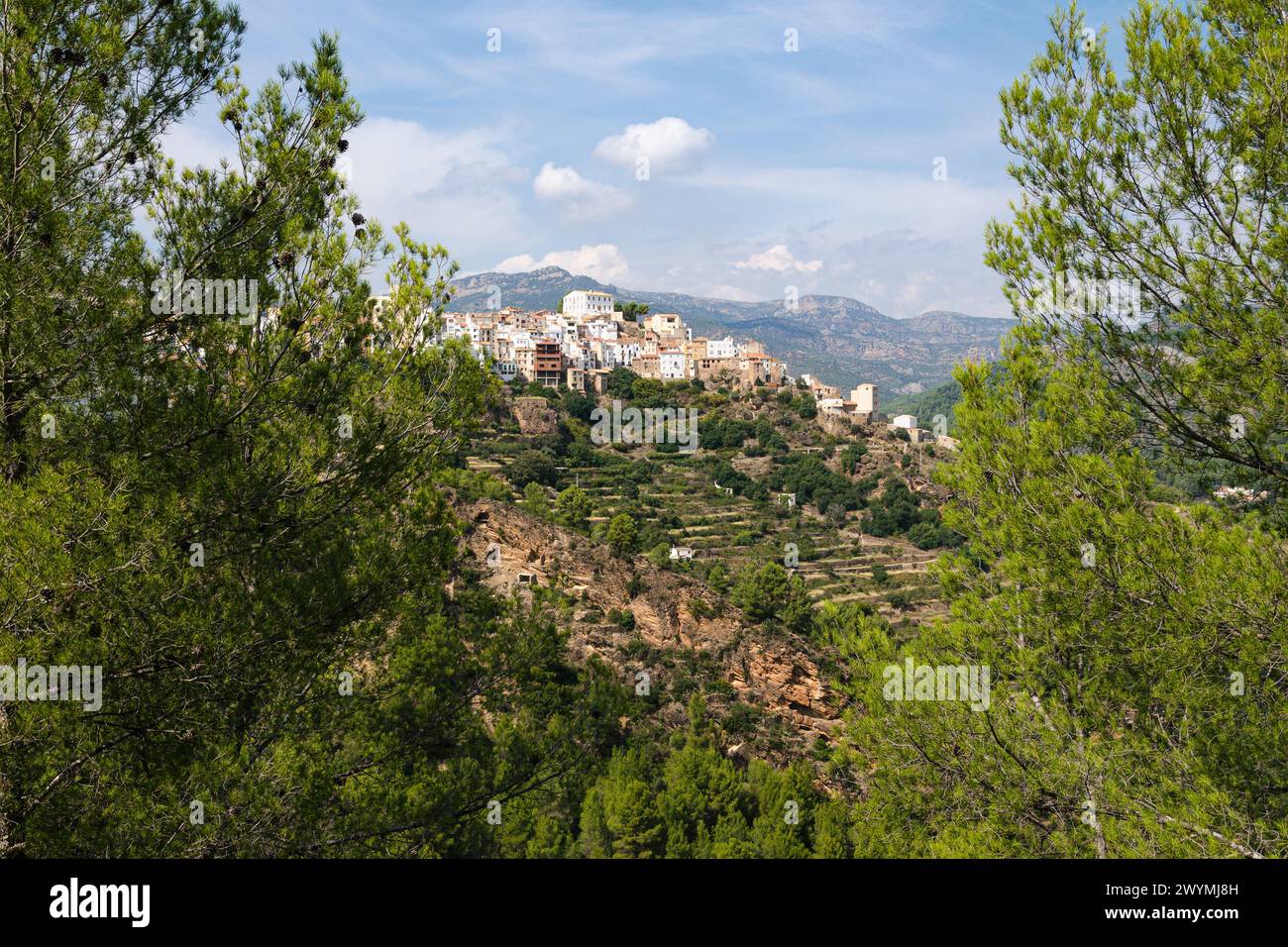 Among the trees a view of the village Lucena del Cid surrounded by nature on a day with blue sky and clouds, Castellon, Spain Stock Photo