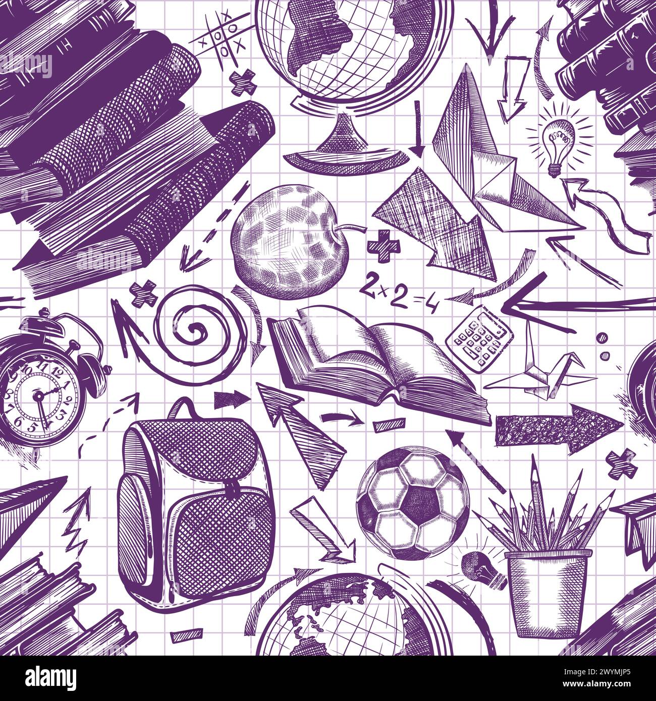 doodle style seamless pattern of blue ink school items. Handmade, not ...