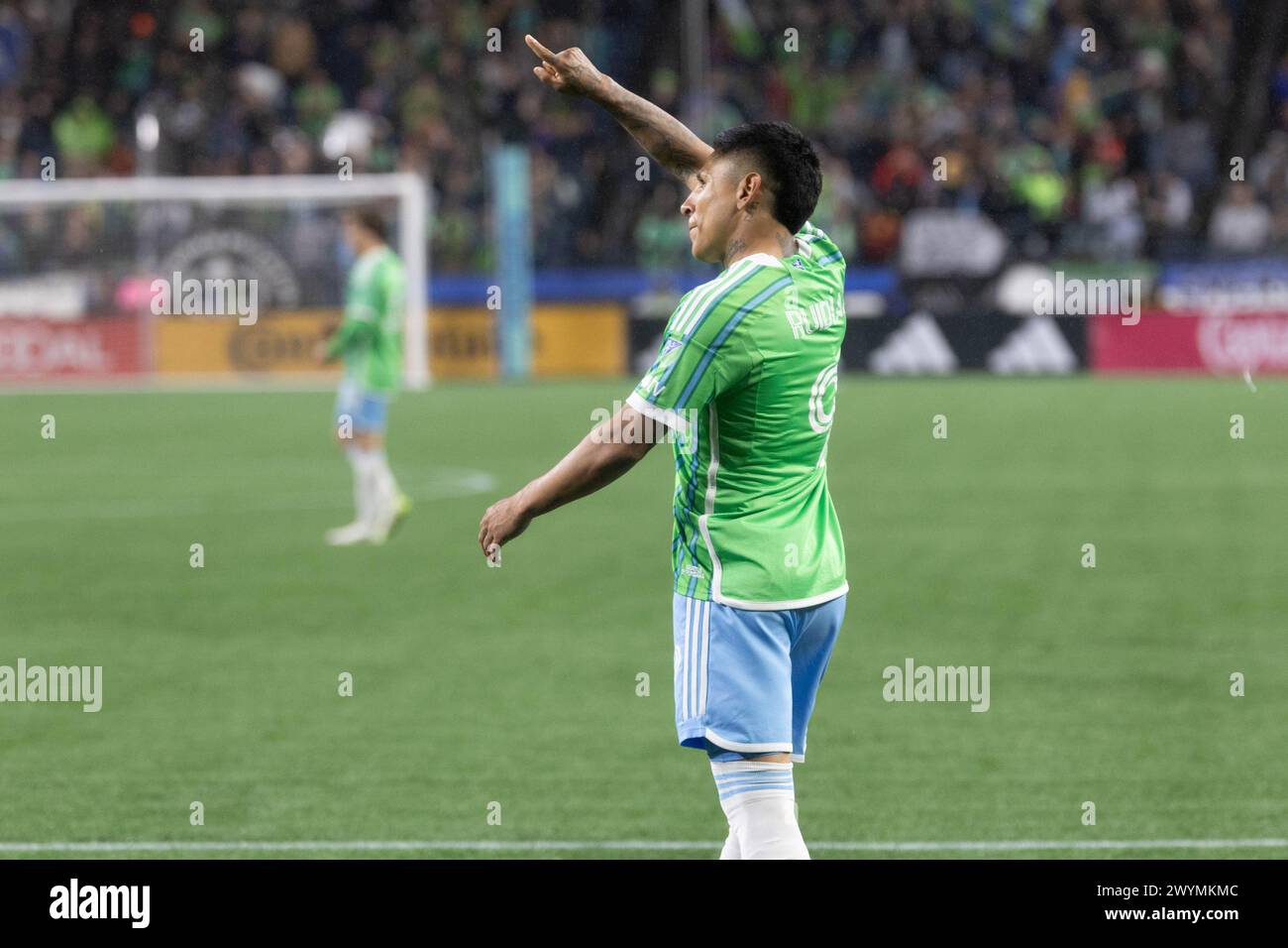 Seattle, Washington, USA. 6th Apr, 2024. Seattle Sounders player RAUL RUIDIAZ #9 celebrates a goal scored in the 1st half of the game Seattle Sounders vs. Montreal, where the Sounders win 5-0. (Credit Image: © Melissa Levin/ZUMA Press Wire) EDITORIAL USAGE ONLY! Not for Commercial USAGE! Stock Photo