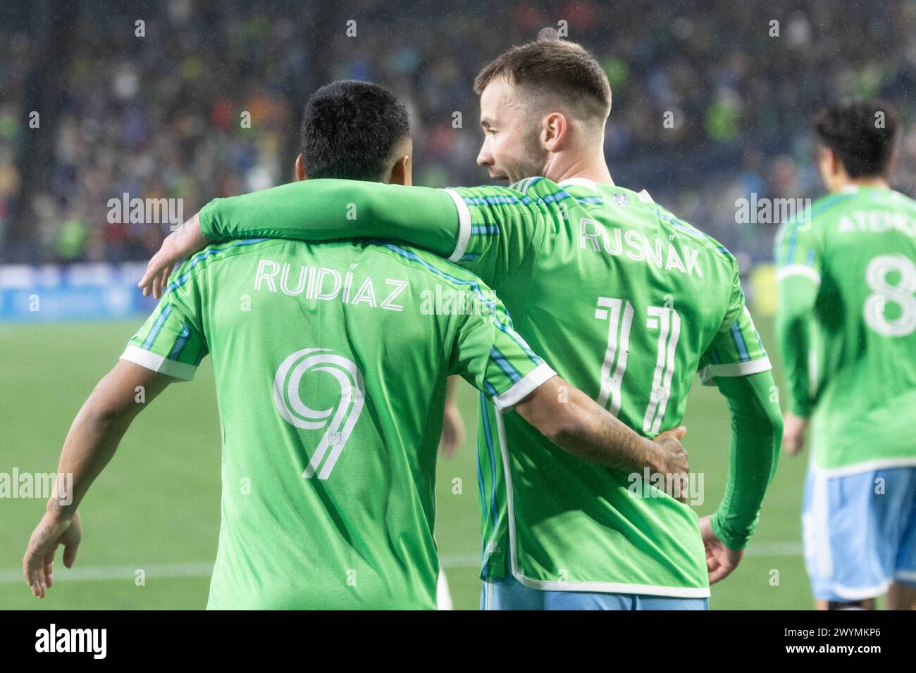 Seattle, Washington, USA. 6th Apr, 2024. Seattle Sounders players RAUL RUIDIAZ #9 and ALBERT RUSNAK #11 celebrate a goal scored in the 1st half of the game Seattle Sounders vs. Montreal, where the Sounders win 5-0. (Credit Image: © Melissa Levin/ZUMA Press Wire) EDITORIAL USAGE ONLY! Not for Commercial USAGE! Stock Photo
