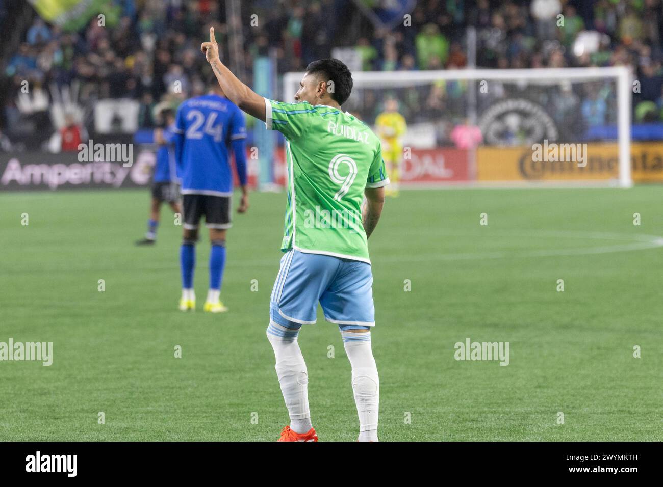 Seattle, Washington, USA. 6th Apr, 2024. Seattle Sounders player RAUL RUIDIAZ #9 celebrates a goal scored in the 1st half of the game Seattle Sounders vs. Montreal, where the Sounders win 5-0. (Credit Image: © Melissa Levin/ZUMA Press Wire) EDITORIAL USAGE ONLY! Not for Commercial USAGE! Stock Photo