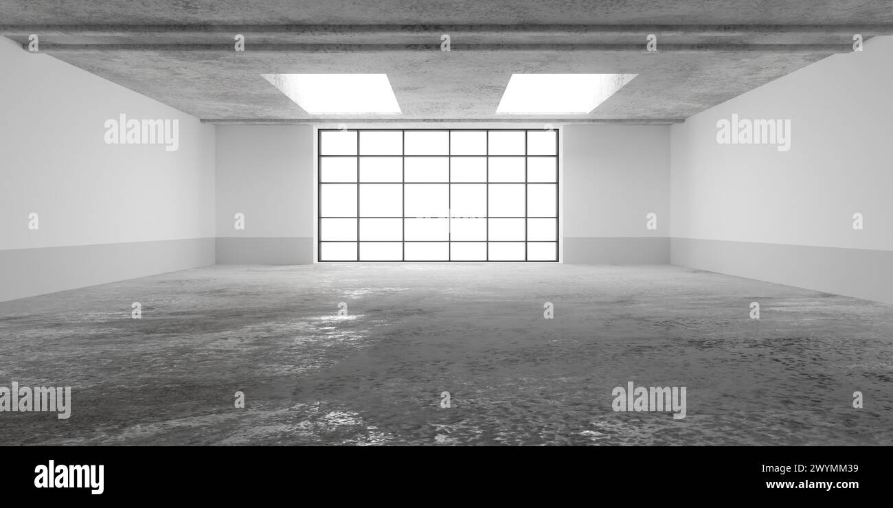 Abstract empty, modern concrete room with huge window in the back ...