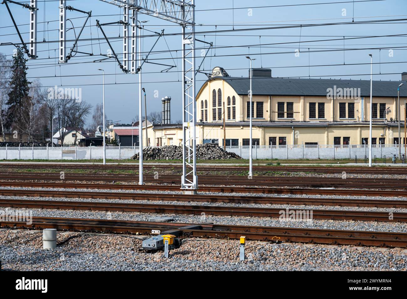 Auschwitz, Poland, March 21, 2024 - Railway tracks of the local train station Stock Photo