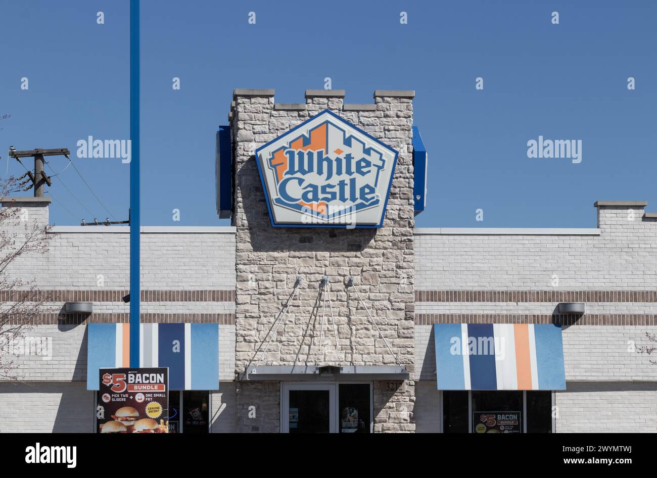Chicago - April 6, 2024: White Castle Hamburger fast food restaurant. White Castle Serves 2 by 2 Inch Sliders. Stock Photo