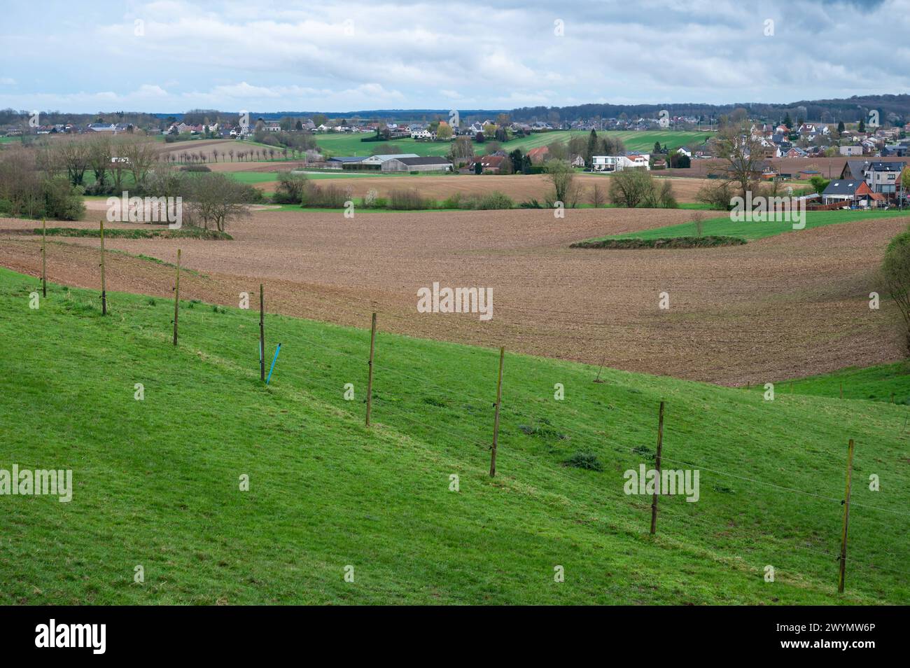 Panoramic view over the green hills and fields at the Flemish countryside around Tervuren, Belgium Stock Photo