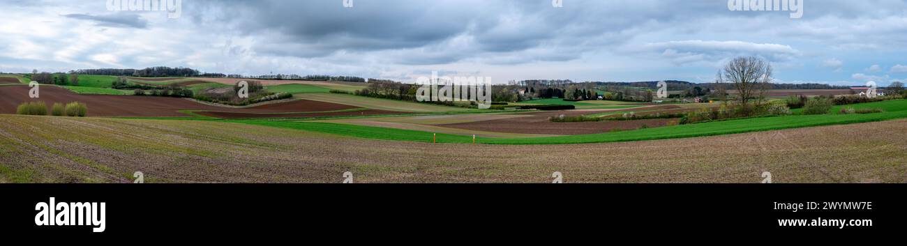 Extra large panoramic view over the green hills and fields at the Flemish countryside around Tervuren, Belgium Stock Photo