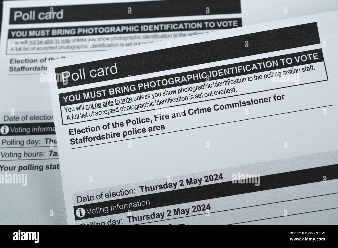 Poll cards for Election of the police Fire and Crime Commissioner for Staffordshire police area. Stafford, United Kingdom, April 7, 2024 Stock Photo