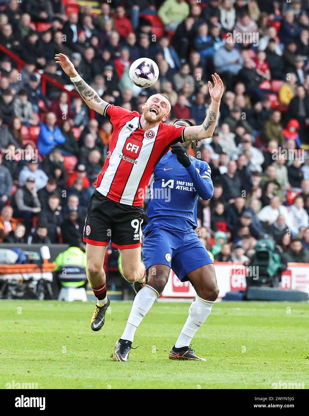 Bramall Lane, Sheffield, UK. 7th Apr, 2024. Premier League Football, Sheffield United versus Chelsea; Sheffield United's Oliver McBurnie is fouled by Chelsea's Axel Disasi Credit: Action Plus Sports/Alamy Live News Stock Photo