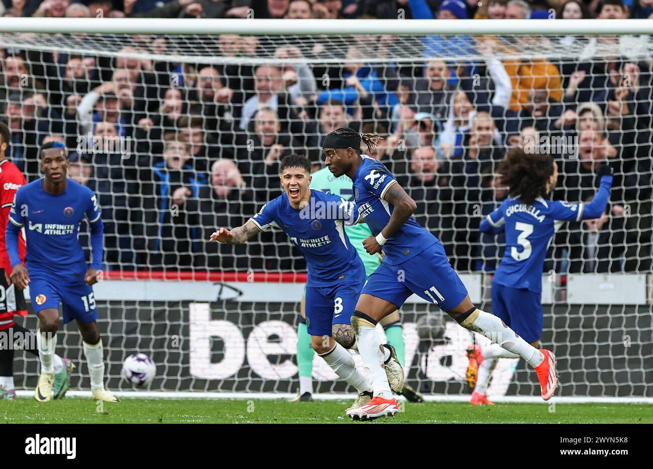 Bramall Lane, Sheffield, UK. 7th Apr, 2024. Premier League Football, Sheffield United versus Chelsea; Chelsea's Noni Madueke celebrates after scoring his side's second goal in the 66th minute to make the score 1-2 with Enzo Fernandez Nicolas Jackson and Marc Cucurella close by Credit: Action Plus Sports/Alamy Live News Stock Photo