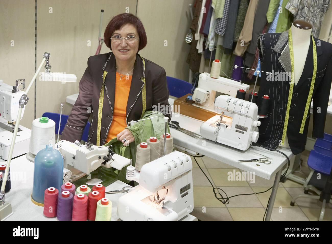 Dressmaking workshop, clothes arrangements. Retail. Elgoibar, Gipuzkoa, Euskadi. Spain. Stock Photo