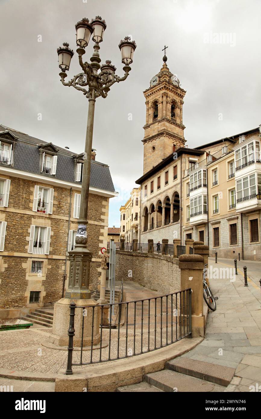 Los Arquillos, Cuesta San Francisco and bell tower of the church of San Vicente, Vitoria-Gasteiz, Alava, Basque Country, Spain. Stock Photo