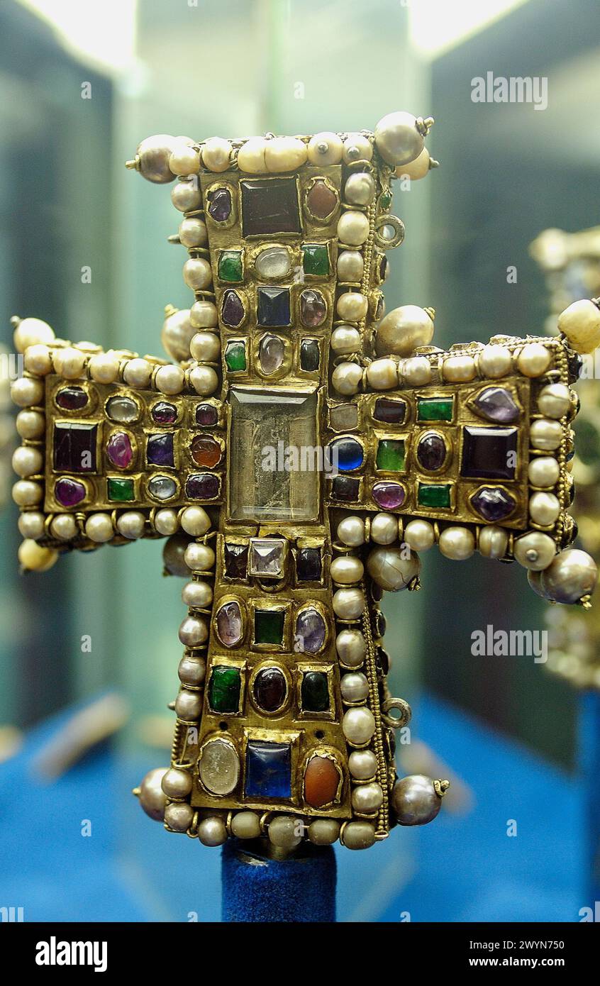 Byzantine cross preserved in the treasure museum of Notre Dame cathedral. Tournai. Hainaut, Belgium. Stock Photo
