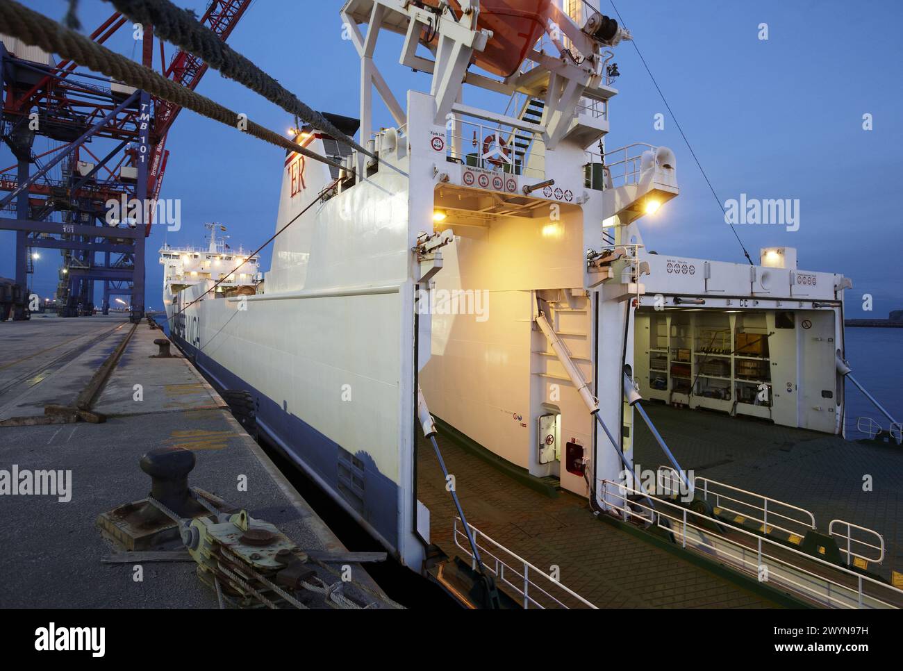 Cargo ship, Motorways of the Sea, RORO vessel with ramp. Port of Bilbao