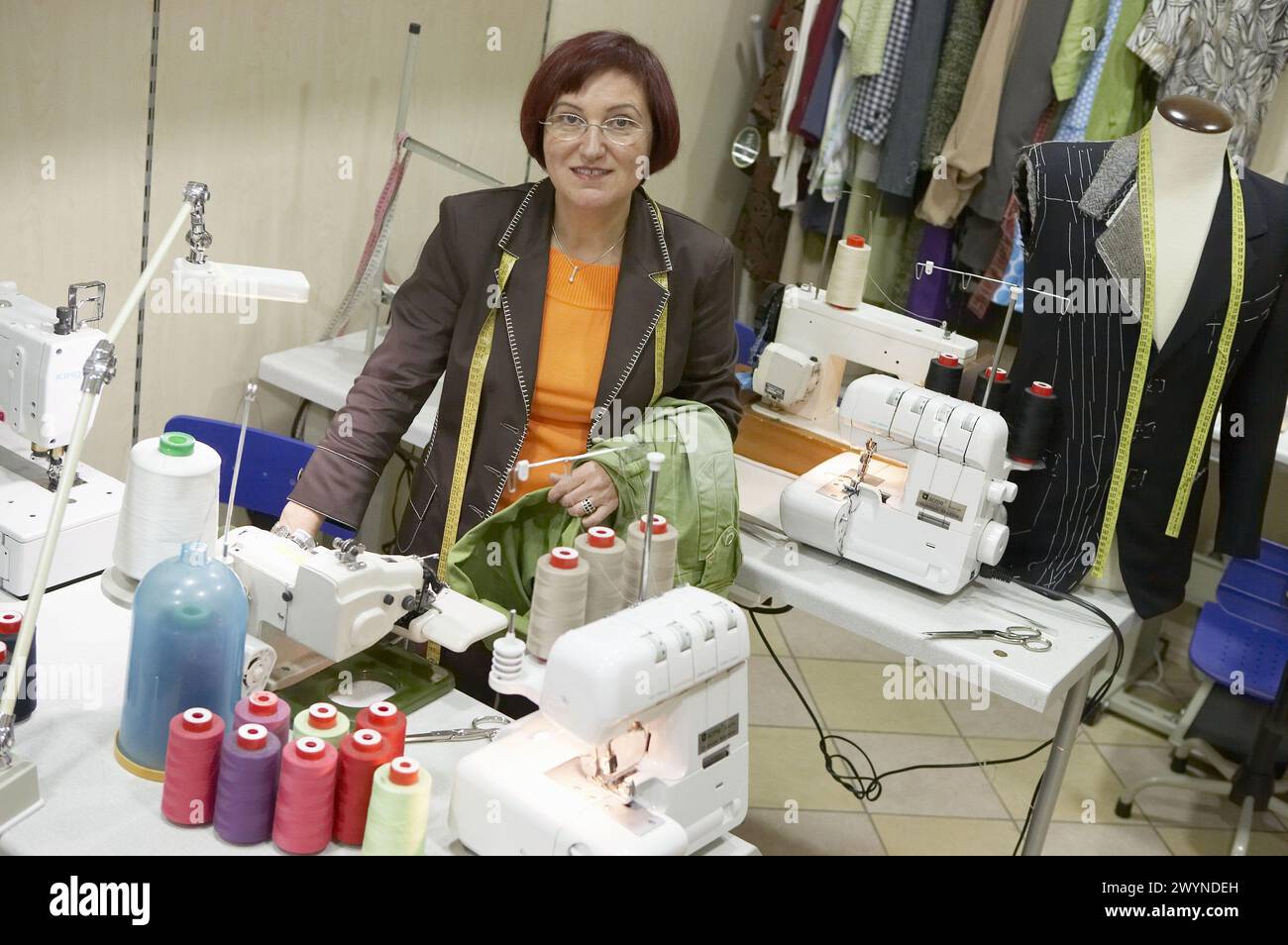 Dressmaking workshop, clothes arrangements. Retail. Elgoibar, Gipuzkoa, Euskadi. Spain. Stock Photo